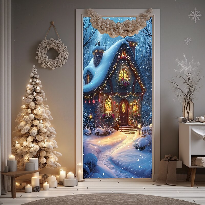 Christmas Door Decorations Door Covers Xmas Santa Claus Village Door Tapestry Door Curtain Decoration Backdrop Indoor/Outdoor Door Banner for Front Door Farmhouse Holiday Party Decor Supplies4