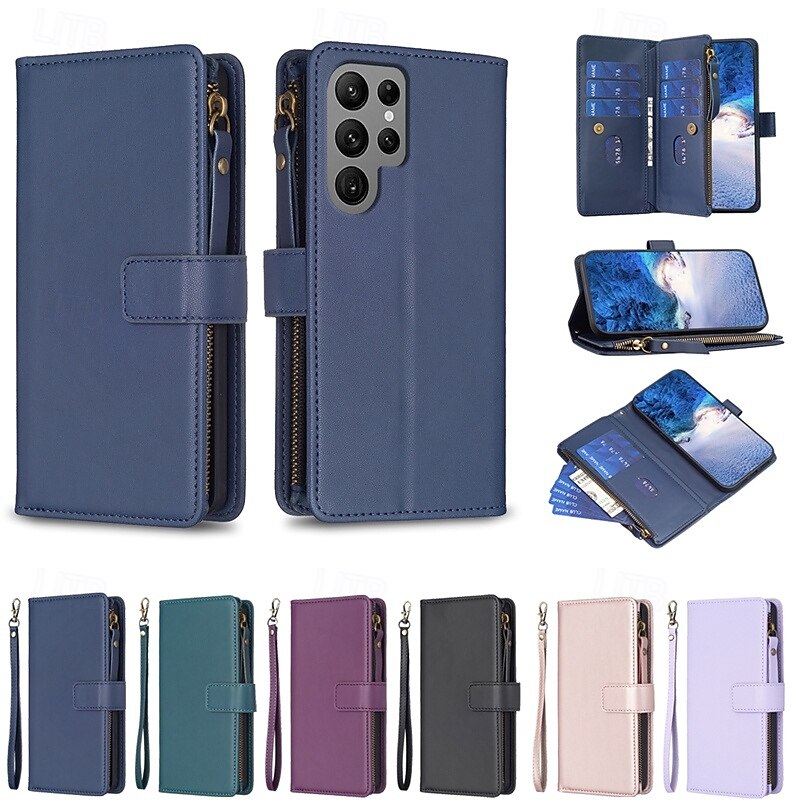 Phone Case For S25 S24 S23 S23 FE S22 S21 Ultra Plus A55 5G A35 5G A25 A15 Wallet Case with Stand Holder Zipper with Wrist Strap Retro TPU PU Leather