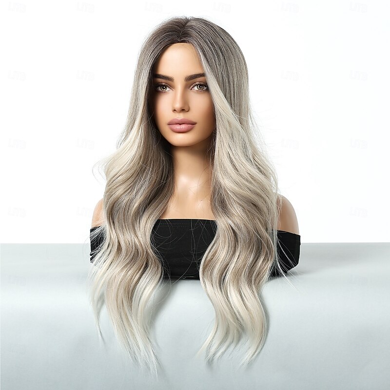 Synthetic Wig Uniforms Career Costumes Princess Curly Wavy Middle Part Layered Haircut Machine Made Wig 26 inch Black / Gold Synthetic Hair Women's Cosplay Party Fashion Black / Blonde4