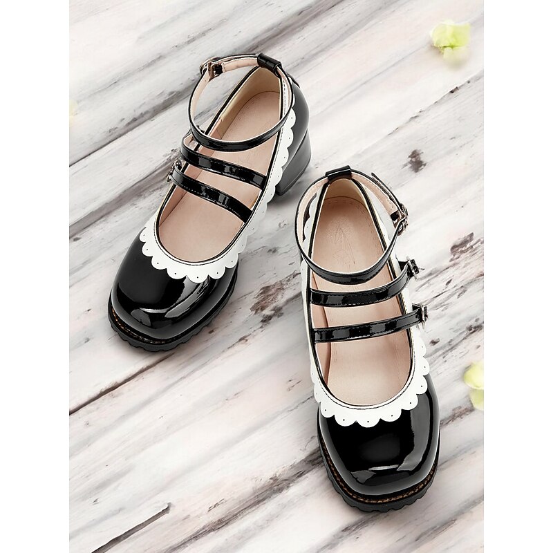 Women's Black and White Scalloped Mary Jane Block Heels – Patent Faux Leather Lolita Platform Shoes with Heart Buckles for Vintage or Cosplay Outfits