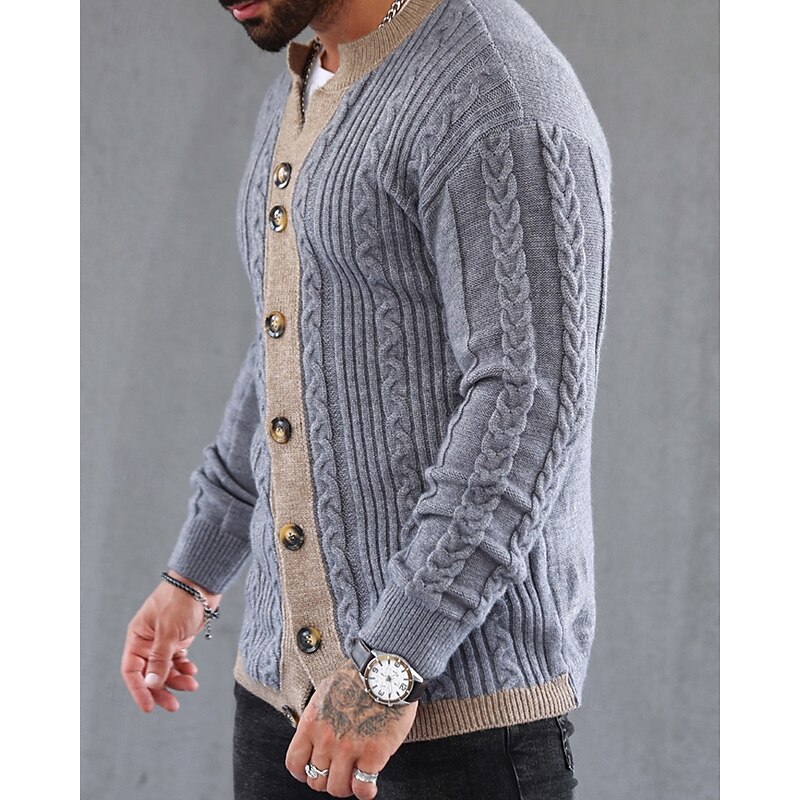 Men's Cropped  Sweater Cardigan Sweater Knit Sweater Ribbed Knit Regular Patchwork Side Pockets Color Block V Neck Fashion Classic Daily Wear Date Clothing Apparel Fall & Winter Gray M L XL3