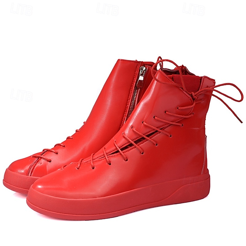 Men's Red Faux Leather High-Top Boots with Side Zipper and Lace-Up Design – Stylish Casual Footwear for Fall and Winter 9