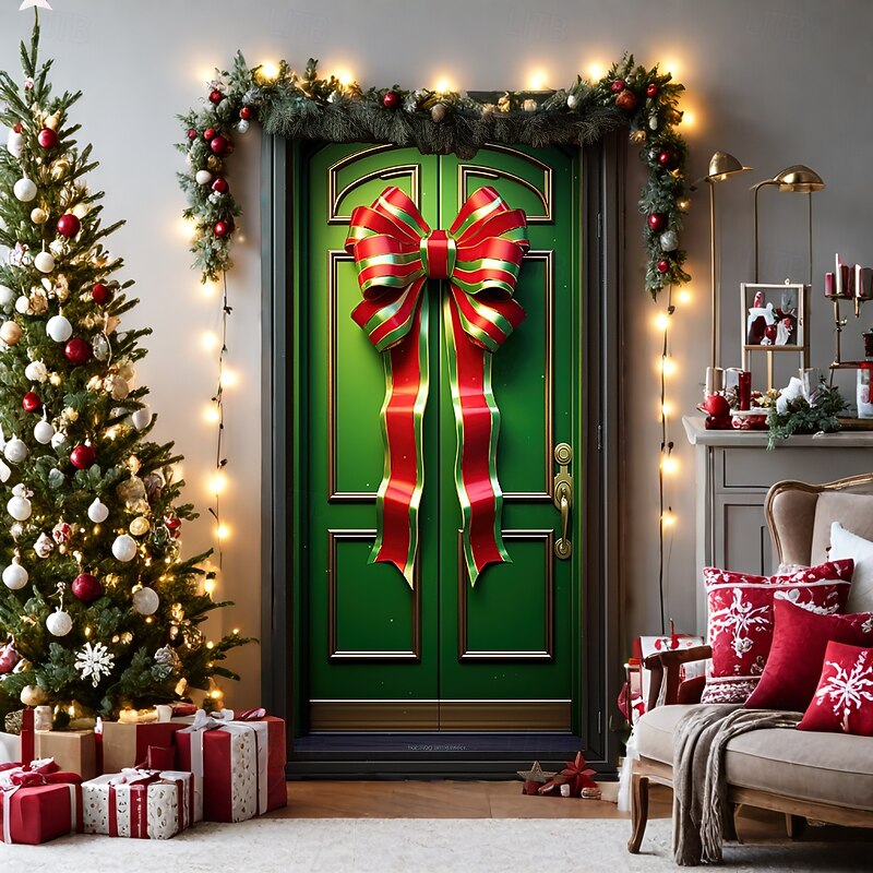 Christmas Door Decorations Door Covers Xmas Bow Tie Door Tapestry Door Curtain Decoration Backdrop Door Banner for Front Door Farmhouse Christmas Holiday Party Decor Supplies Ornaments Indoor/Outdoor 17