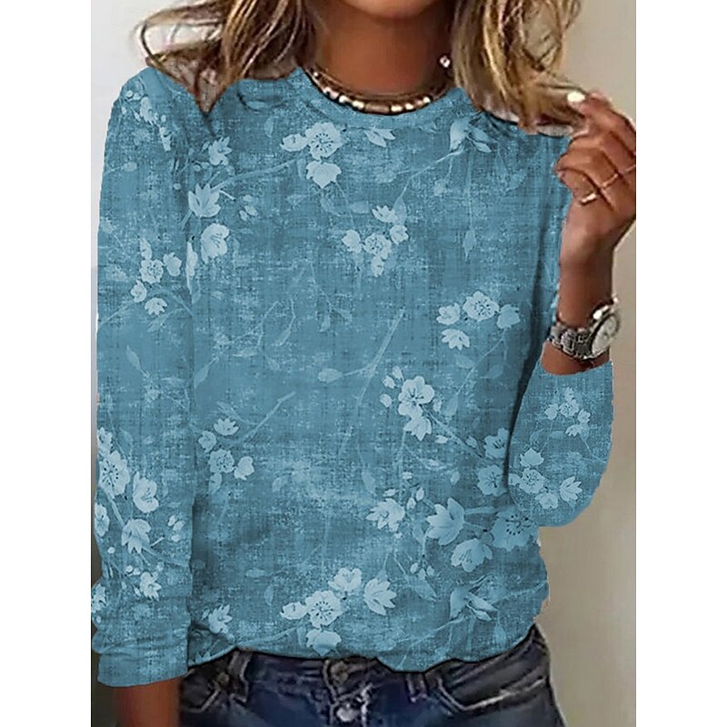 Women's T shirt Long Sleeve Casual Print Regular Tops Daily Blue Green Khaki Spring Fall Prefall4