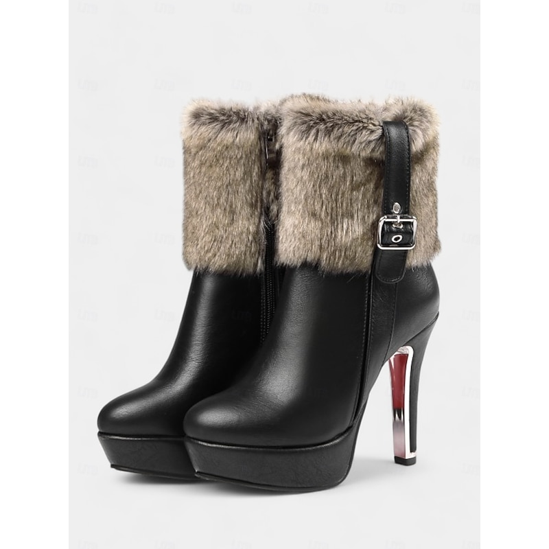 Women's Red High Heel Fur Trim Christmas Boots with Platform and Buckle Detail – Festive Winter Holiday Shoes3