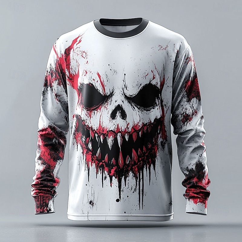 Halloween Men's Creepy Clown Clown Skulls T Shirt Long Sleeve T shirt 3D Print Crew Neck Shirt Horror Street Casual Daily White Summer Spring Fall Clothing Apparel S M L XL XXL XXXL