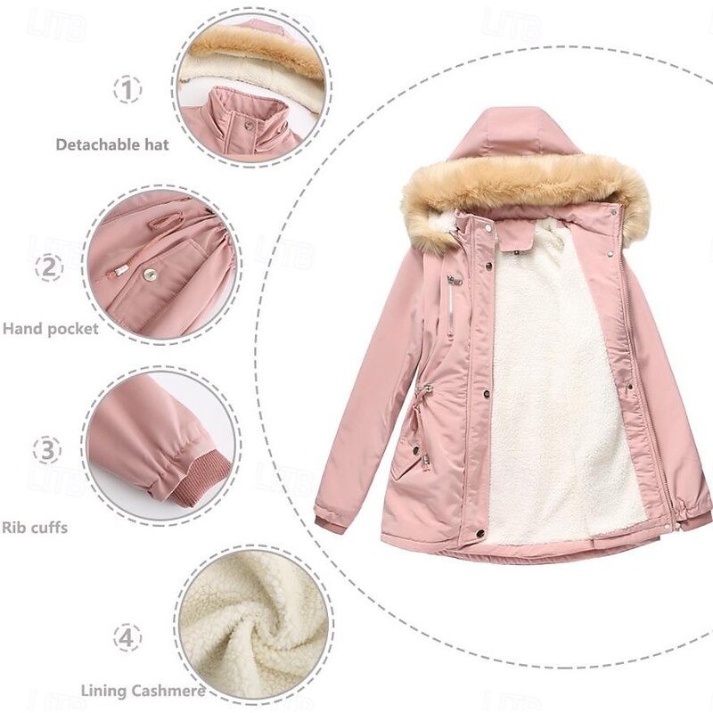 Women's Winter Coat Windproof Warm Zipper Buttons Outdoor Solid Color Work Casual Single Breasted Hoodie Loose Fit Long Sleeve Outerwear Black Pink Wine Winter4