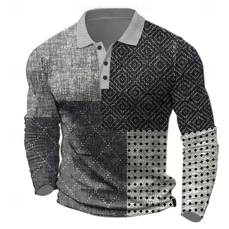 Men's Plaid Waffle Polo Shirts Golf Shirt Long Sleeve Polo Shirts Collared Shirts Vintage Casual Vacation Wear Formal Wear Festival Wear Buttons 3D Print Spring Fall Winter Black