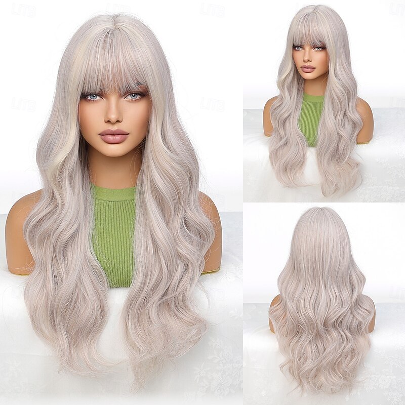 Synthetic Wig Uniforms Career Costumes Princess Curly Wavy Middle Part Layered Haircut With Bangs Machine Made Wig 26 inch Light Blonde Synthetic Hair Women's Cosplay Party Fashion Blonde2