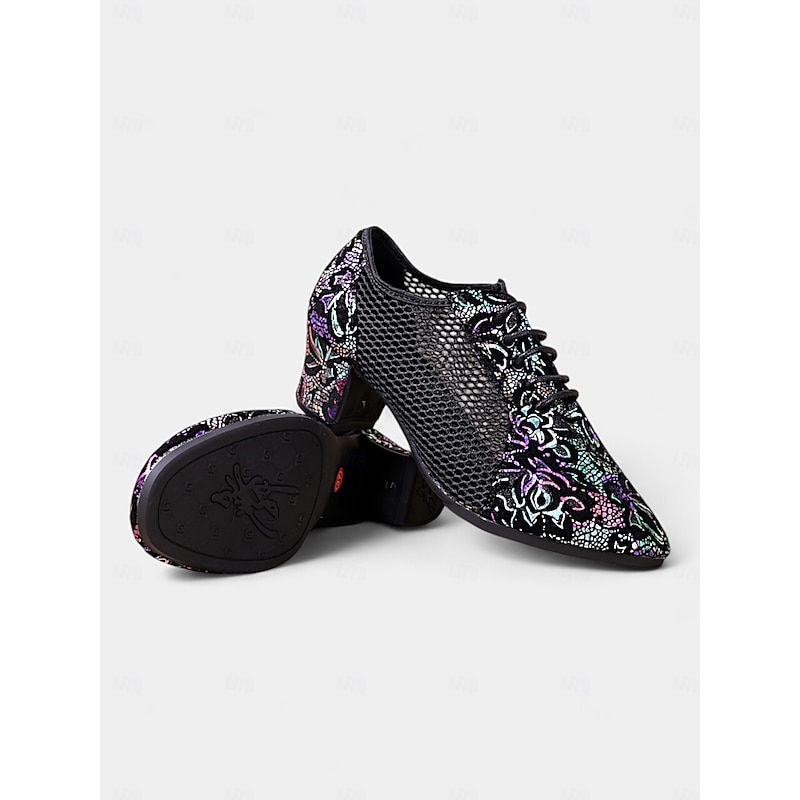 Women's Black Leather Lace-Up Dance Shoes with Mesh Panels and Floral Embroidery, Lightweight Shoes for Ballroom, Latin, and Jazz Dancing4
