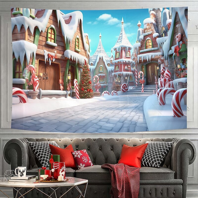 Christmas Decorations Hanging Tapestry Wall Art Xmas Candy Houses Large Tapestry Mural Decor Photograph Backdrop Blanket Curtain Home Bedroom Living Room