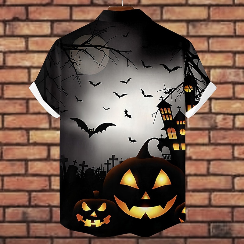 Halloween Men's Pumpkin Halloween Costumes Button Up Shirt Short Sleeve Horror Party Evening Wear Summer Camp Collar Cuban Collar Pocket 3D Print Black Blue Orange2