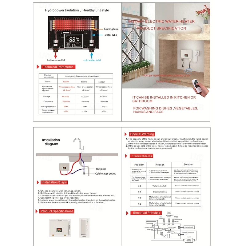 110V/220V Instant Water Heater 3000W Wall-Mounted Electric Heaters for Bathroom Hot Water Shower and Home Kitchen Heating White3