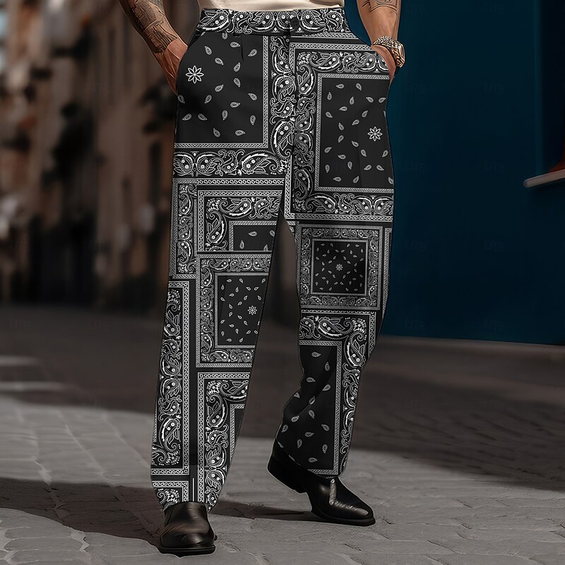 Men's Plaid Dress Pants Mid Waist Casual Tribal Formal Dailywear Zipper Pocket Straight Leg Trousers Summer Spring Fall 3D Print Black White