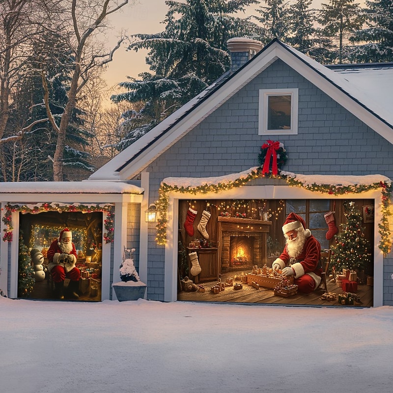 Christmas Outdoor Garage Door Cover Xmas Banner Santa Claus Mall Large Christmas Backdrop Decoration for Holiday Outdoor Garage Door Home Wall Decorations3