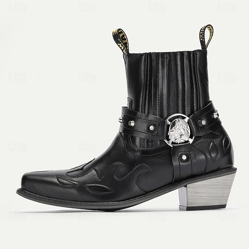 Men's Black Faux Leather Motorcycle Boots with Flame Embroidery and Metal Buckle – Western Style Ankle Boots for Biker Fashion and Casual Wear2