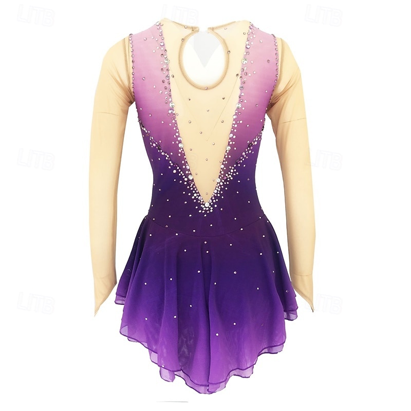Figure Skating Dress Women's Girls' Ice Skating Dress Violet Patchwork Mesh High Elasticity Training Competition Skating Wear Classic Crystal / Rhinestone Long Sleeve Ice Skating Figure Skating2