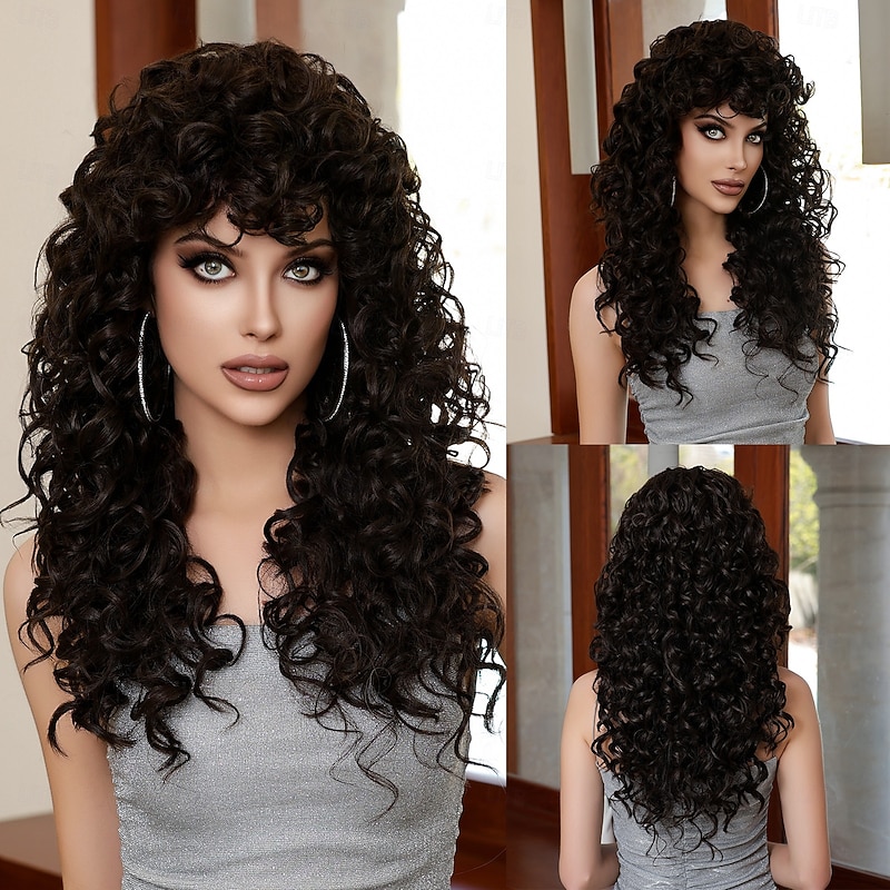 Synthetic Wig Uniforms Career Costumes Princess Curly Deep Curly Middle Part Layered Haircut With Bangs Machine Made Wig 26 inch Dark Brown Synthetic Hair Women's Cosplay Party Fashion Dark Brown