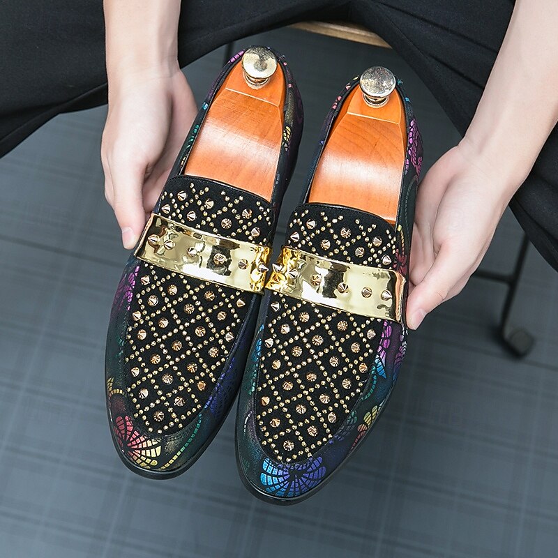 Men's Gothic Style Loafers – Gold Studded Velvet Dress Shoes with Multicolor Paisley Pattern and Metal Buckle2