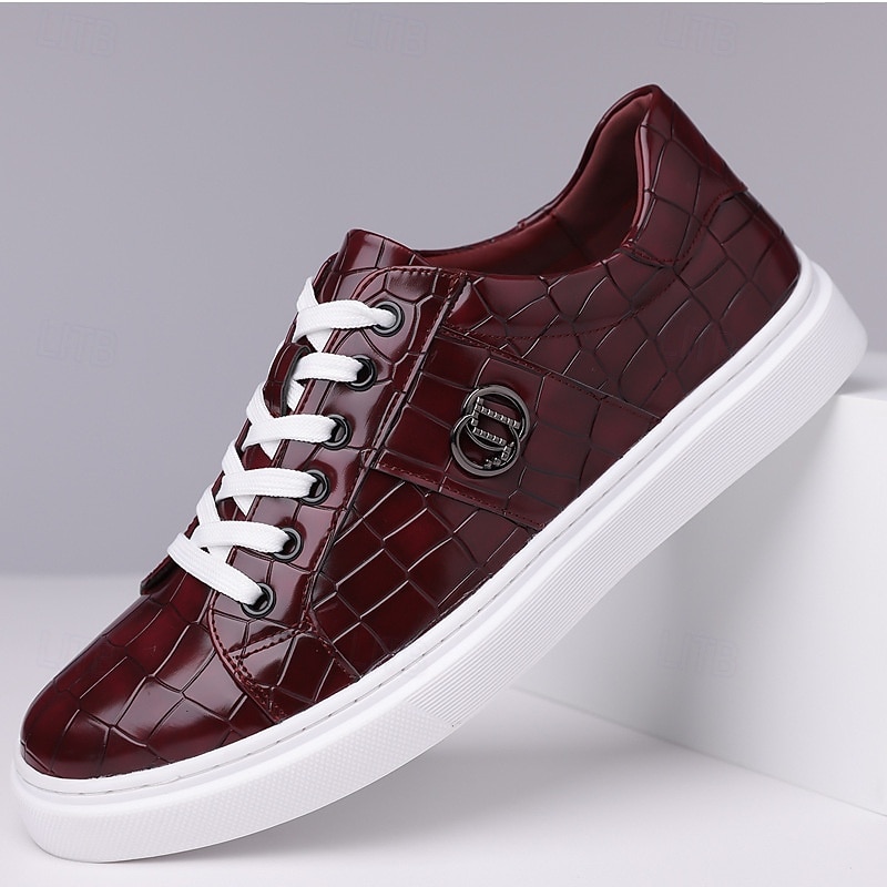 Men's Burgundy Crocodile Pattern Faux Leather Sneakers with Lace-Up Design – Stylish Casual Shoes for Everyday Wear