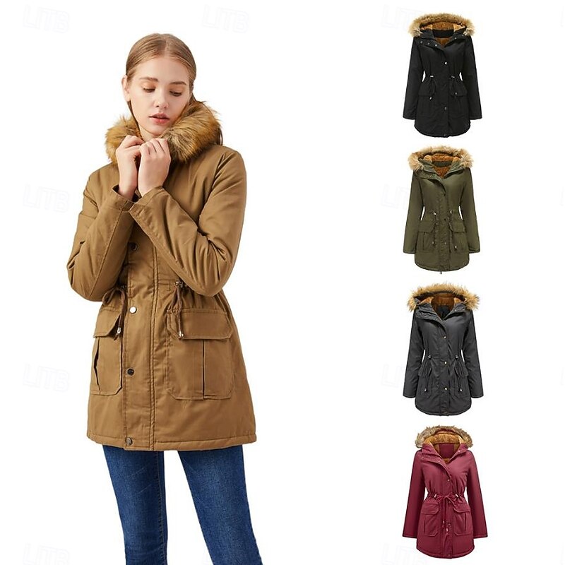 Women's Coat Warm Breathable Zipper Buttons Pocket Casual Solid Color Vacation Street Daily Wear Going out Zipper Regular Hoodie Regular Fit Long Sleeve Outerwear Black Wine Khaki Fall Winter