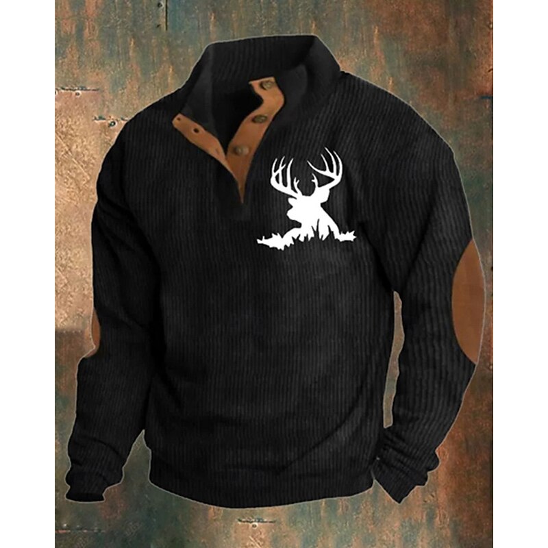 Men's Sweatshirt Black White Army Green Brown Khaki Standing Collar Color Block Reindeer Patchwork Sports & Outdoor Daily Holiday Polyester Corduroy Streetwear Basic Casual Spring &  Fall Clothing2