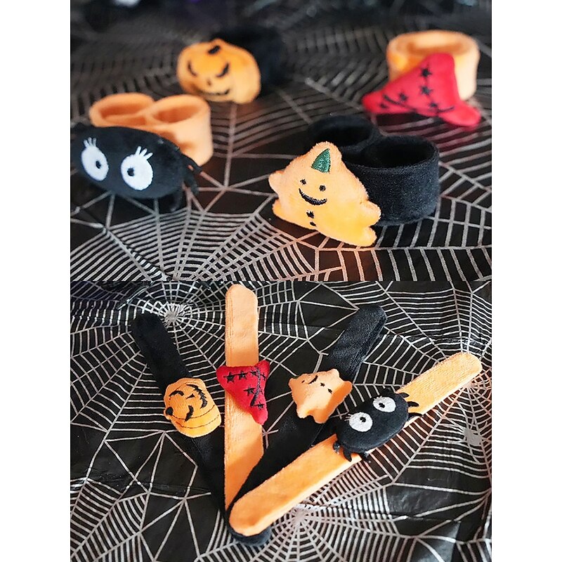 Halloween Themed Plush Slap Bracelets – Pumpkin, Witch Hat, Spider Design for Kids Party Favors and Decorations3