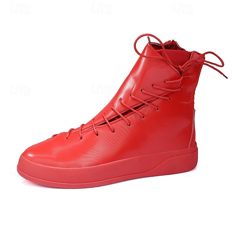 Men's Red Faux Leather High-Top Boots with Side Zipper and Lace-Up Design – Stylish Casual Footwear for Fall and Winter 10