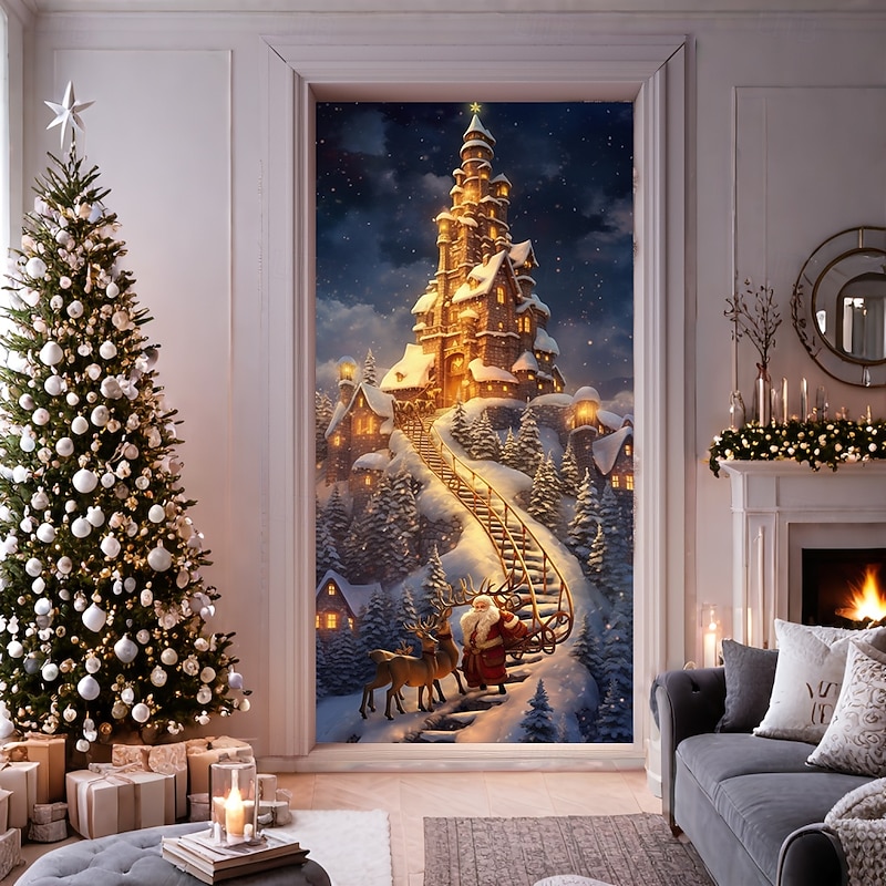 Christmas Door Decorations Door Covers Xmas Santa Castle Door Tapestry Door Curtain Decoration Backdrop Door Banner for Front Door Farmhouse Holiday Party Decor Supplies Indoor/Outdoor3
