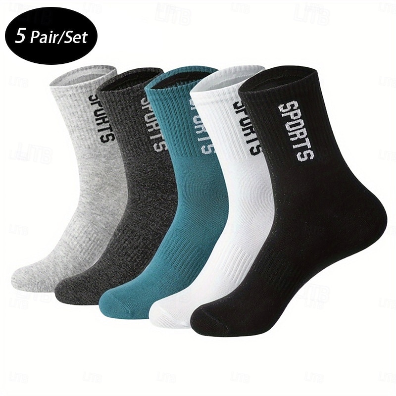 Men's 5 Pairs Multi Packs Socks Running Socks Casual Socks Black White Color Letter Sports & Outdoor Daily Vacation Basic Medium Spring Fall Fashion Casual