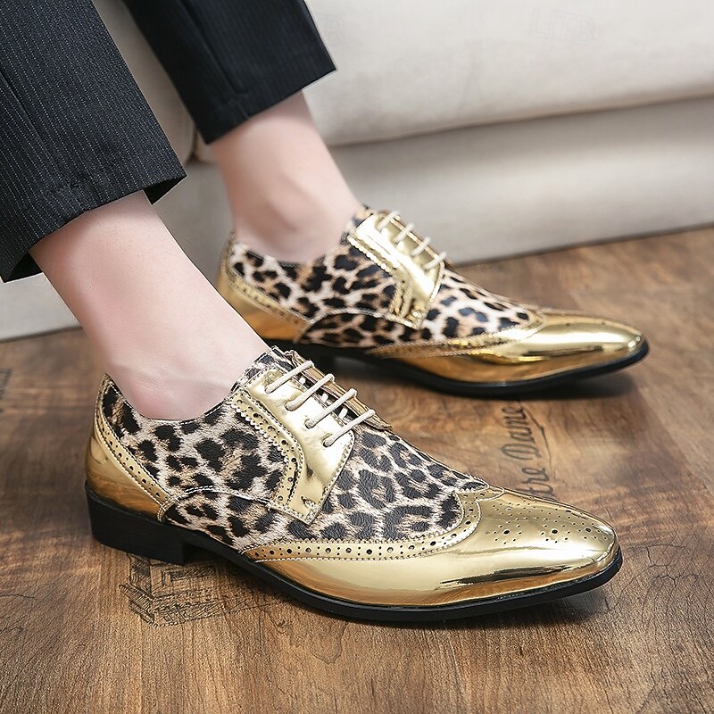 Men's Gold Leopard Print Oxford Shoes – Bold Patent Leather Design with Brogue Detailing for Parties and Stage Performances2