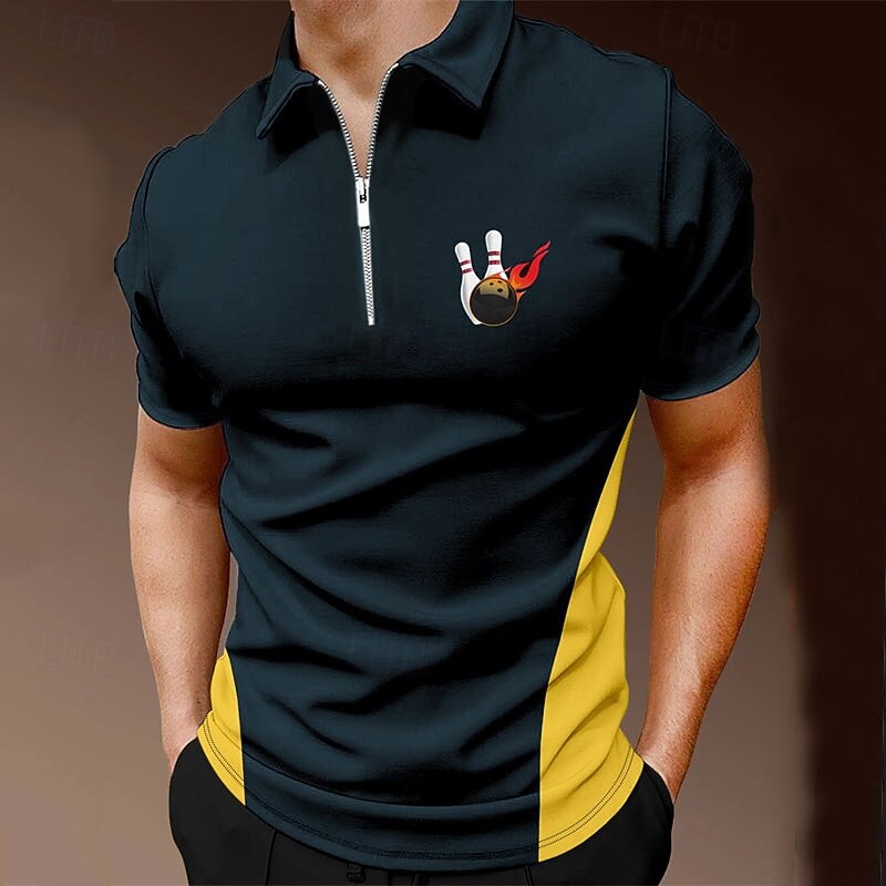 Men's Bowling Ball Sports Polo Shirts Golf Shirt Short Sleeve Polo Shirts Collared Shirts Casual Sportswear Vacation Wear 3D Print Quarter Zip Polo Black Yellow Blue4