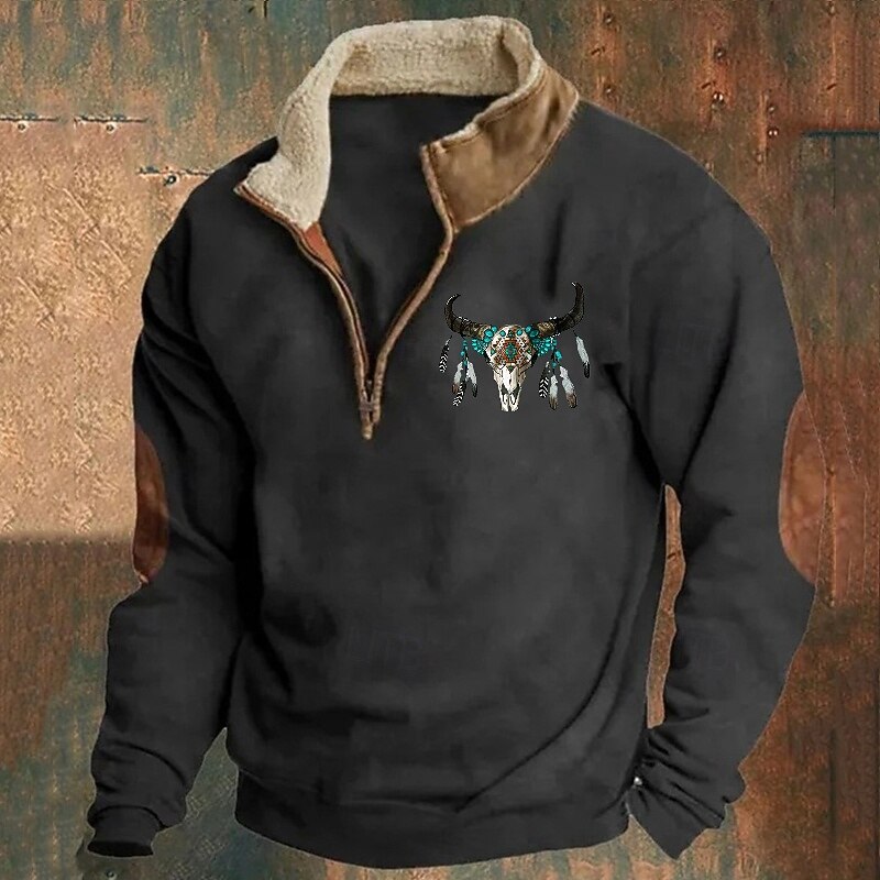 Men's Sweatshirt Quarter Zip Sweatshirt Black Navy Blue Brown Gray Half Zip Graphic Cow Print Print Quarter Zip Christmas Daily Holiday Other Prints Polyester Streetwear Casual Fall Winter Clothing2