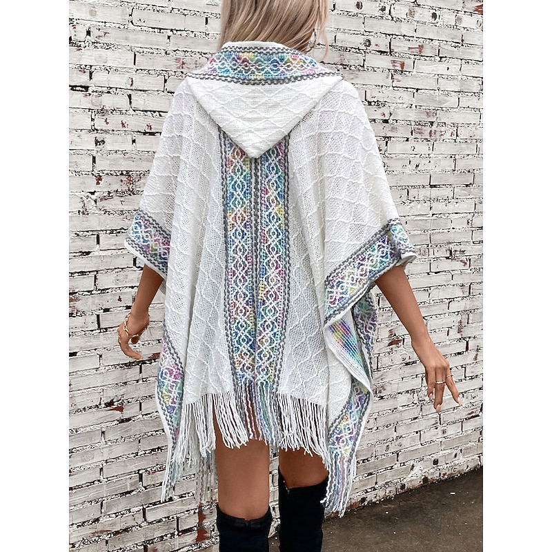 Women's Cape Fashion Daily Casual Graphic Hooded Tassel Sleeveless Long Tops Knit Formal Outdoor Weekend Black White Fall Winter2