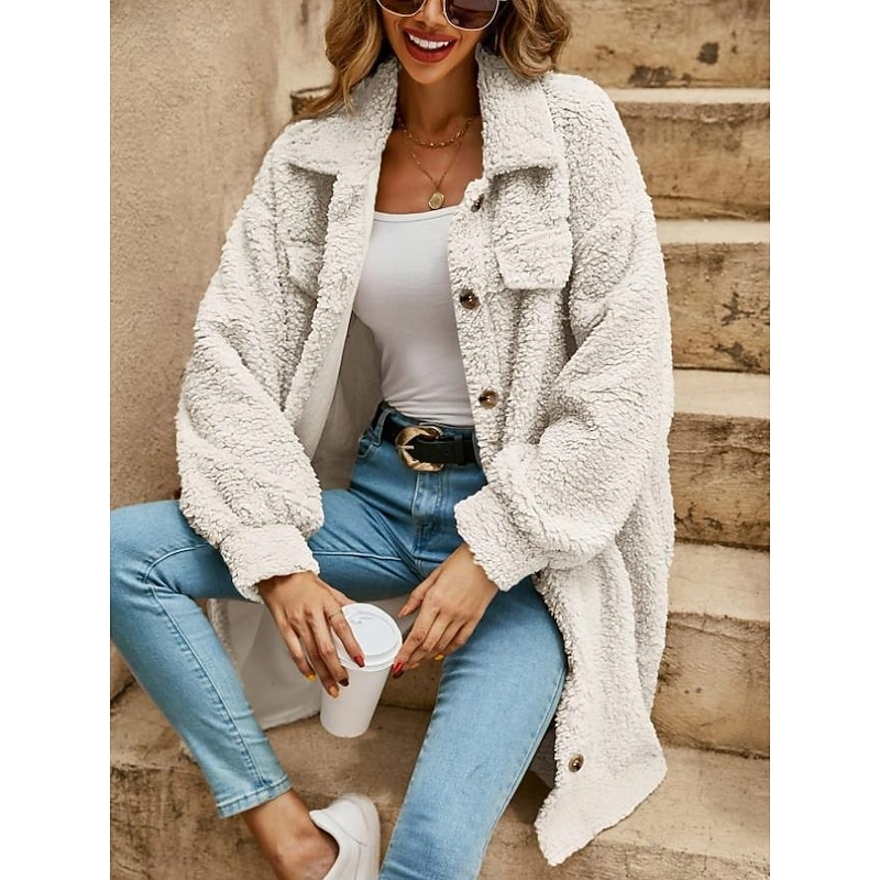 Women's Casual Jacket Street Daily Wear Fall Winter Regular Coat Loose Fit Warm Breathable Comtemporary Stylish Plush Jacket Long Sleeve Solid Color with Pockets Print Light Brown Khaki3