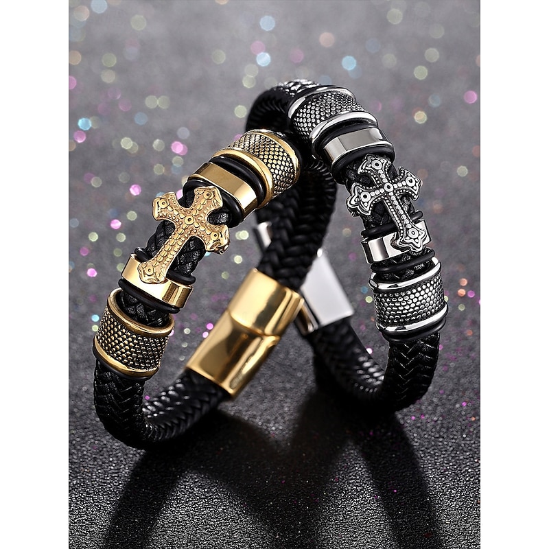 Men's Cross Bracelet with Gold and Silver Accents and Magnetic Clasp – Stylish Braided Wristband for Casual and Religious Wear