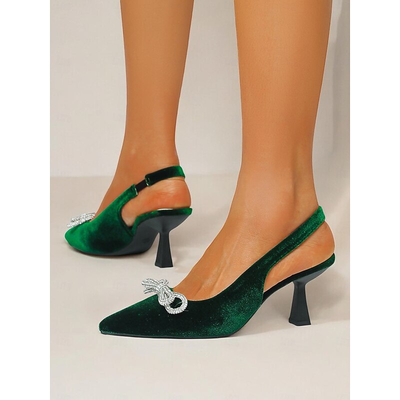 Women's Velvet Slingback Heels – Pointed Toe Cocktail Party Pumps with Rhinestone Bow for Holiday and Nightlife Glam4