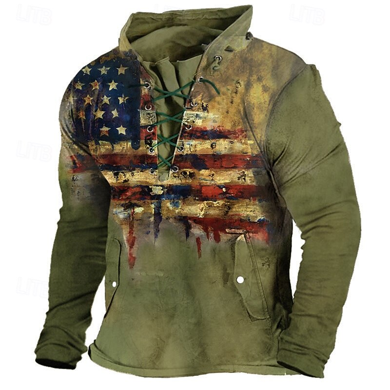 Men's Graphic Prints National Flag Sweatshirt Pullover Long Sleeve Sweatshirt Standing Collar Streetwear Designer Basic 3D Print Sports & Outdoor Casual Daily Lace up Pocket Spring &  Fall3