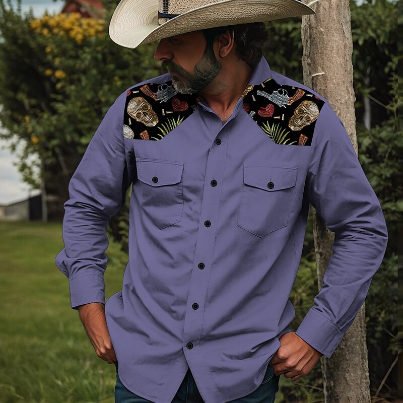 Men's Pistol Cowboy Skulls Western Shirt Button Up Shirt Cowboy Shirt Long Sleeve Vintage Western Daily Holiday Fall Winter Spring & Summer Turndown Collared Shirts 3D Print Army Green Blue Orange3