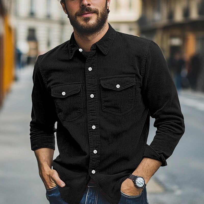 Men's Shirt Summer Shirt Button Up Shirt Corduroy Shirt Black White Navy Blue Long Sleeve Plain Turndown Casual Daily Button-Down Clothing Apparel Fashion Streetwear Classic4