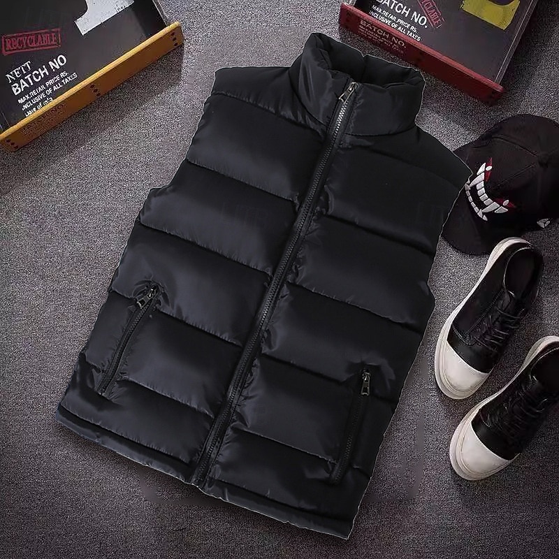 Men's Puffer Vest Vest Gilet Vacation Daily Date Fashion Casual Fall & Winter Pocket Polyester Thermal Warm Comfortable Plain Zipper Stand Collar Regular Fit Black White Red Blue Vest2