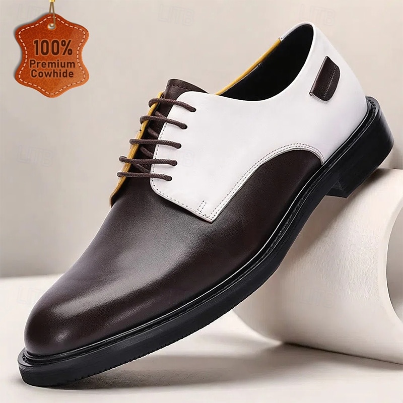 Men's Tri-Color Leather Oxford Shoes, Brown, White, and Yellow Lace-Up Dress Shoes, Perfect for Formal Events and Stylish Business Attire