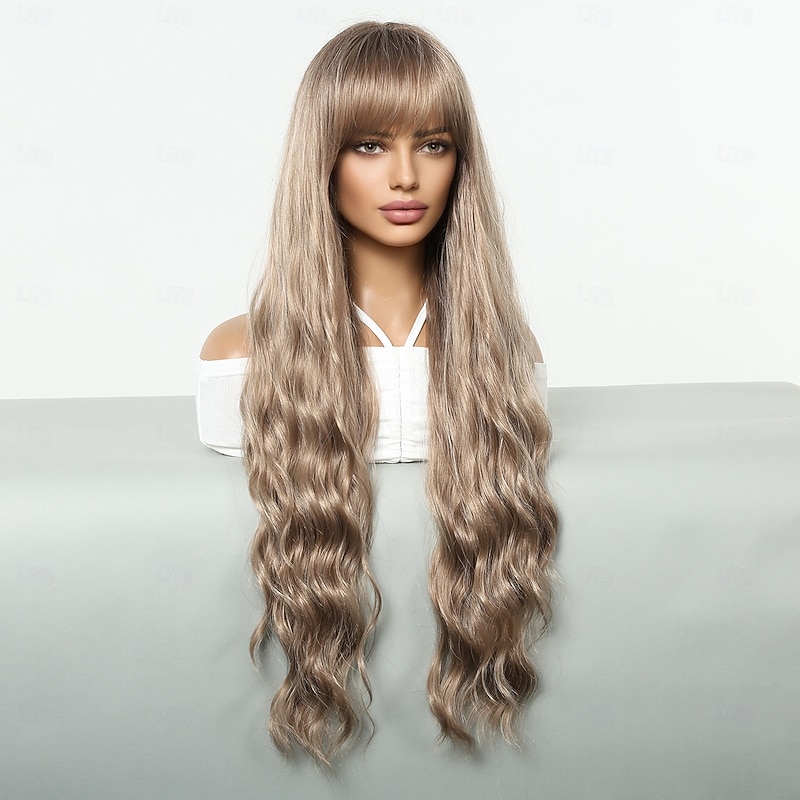 Synthetic Wig Uniforms Career Costumes Princess Curly Wavy Middle Part Layered Haircut With Bangs Machine Made Wig 30 inch Dark Brown Synthetic Hair Women's Cosplay Party Fashion Dark Brown3