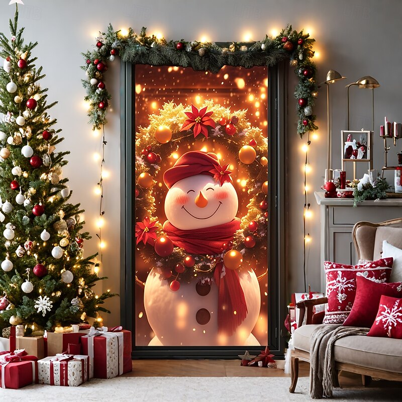 Christmas Door Decorations Door Covers Xmas Warm Snowman Door Tapestry Door Curtain Decoration Backdrop Door Banner for Front Door Farmhouse Holiday Party Decor Supplies Indoor/Outdoor3