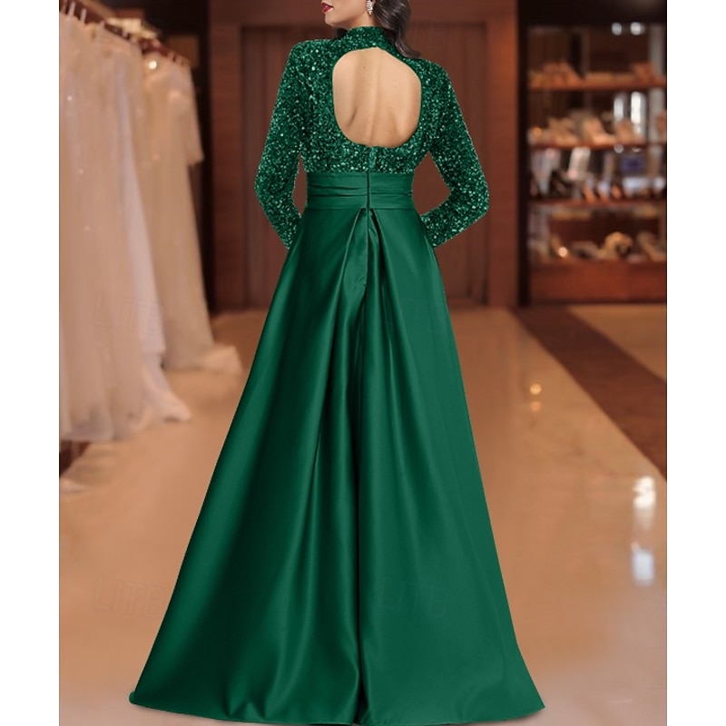 A-Line Evening Gown Elegant Dress Formal Floor Length Long Sleeve Jewel Neck Satin with Glitter Appliques2