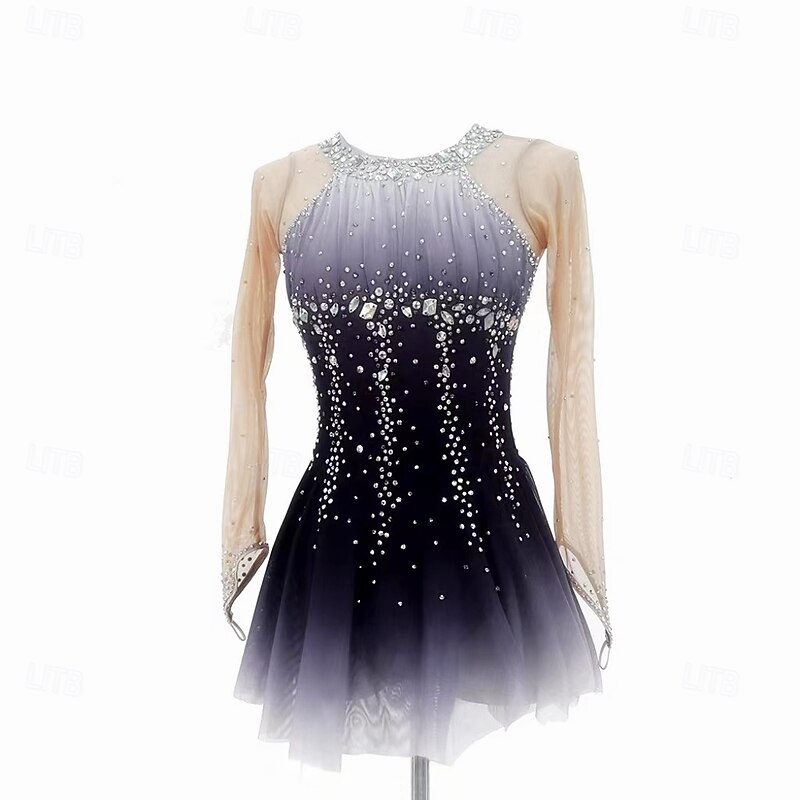 Figure Skating Dress Women's Girls' Ice Skating Dress Dark Grey Dark Blue Thumbhole Halo Dyeing Mesh Spandex Stretchy Training Practice Professional Skating Wear Thermal Warm Classic Crystal