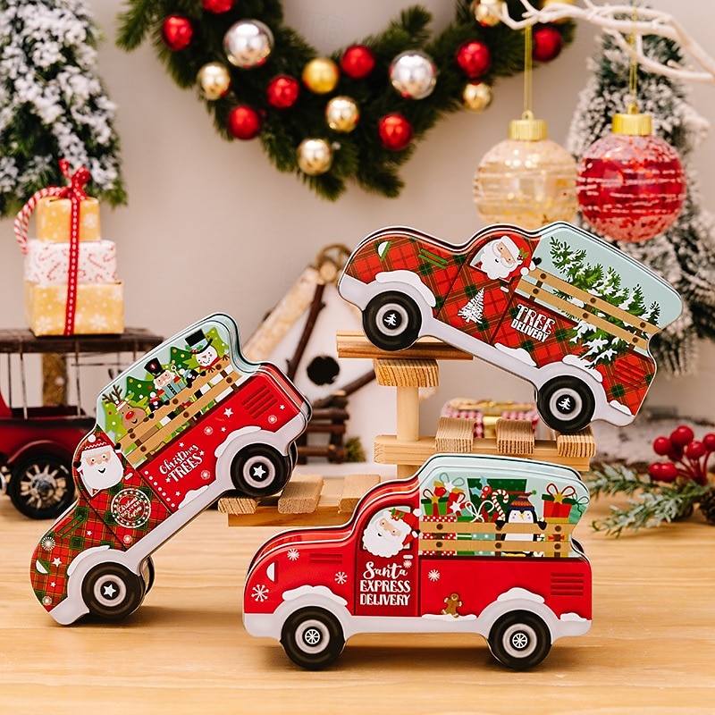 Christmas Car Candy Tin Gift Box, Creative Car Shaped Metal Treat Box, Xmas Decoration, Kids Gift, Small Automobile-Themed Candy Holder for Holiday Party Favors