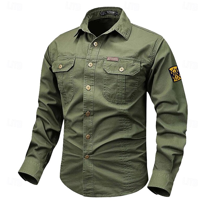 Men's Solid Color Work Shirt Western Shirt Cargo Shirt Long Sleeve Casual Tactical Sports & Outdoor Going out Winter Spring &  Fall Turndown Print Black White Army Green Red Blue