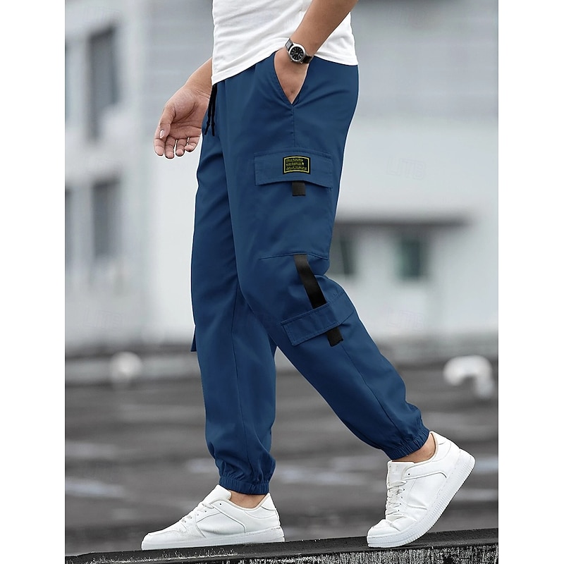 Men's Cargo Pants Joggers Trousers Casual Pants Drawstring Elastic Waist Multi Pocket Plain Comfort Soft Full Length Outdoor Daily Going out Fashion Streetwear Black Blue Micro-elastic