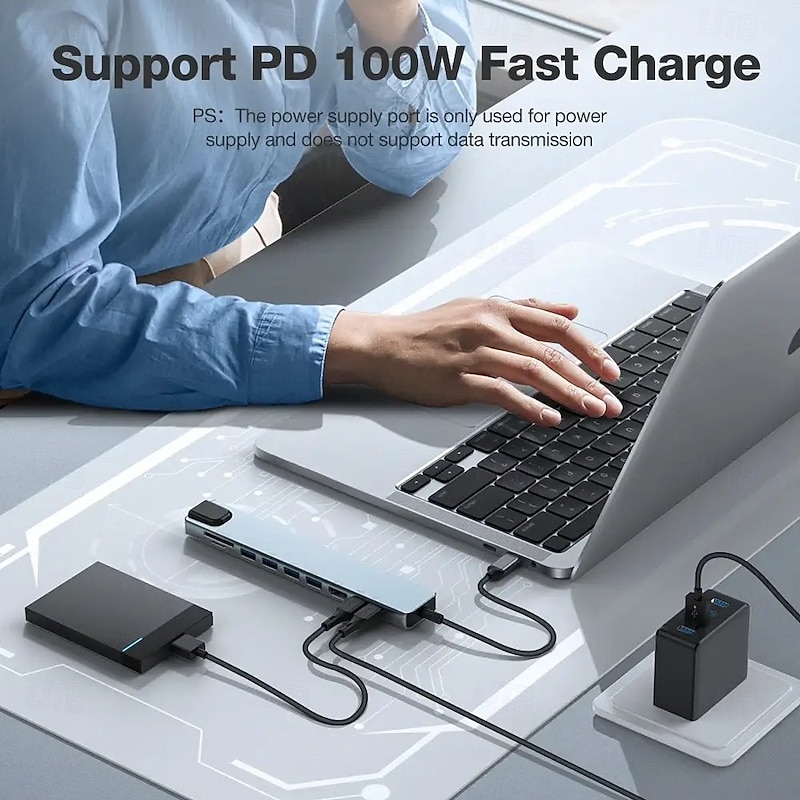 10 in 1 USB Hubs with HD 4K@30Hz USB3.0 USB2.0 Type-C 2.0 RJ45 Ethernet 100W PD Charging SD TF Card Slots Docking Station3